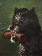 Carl Friedrich Deiker Hundeportrat mit Wurst im Maul oil